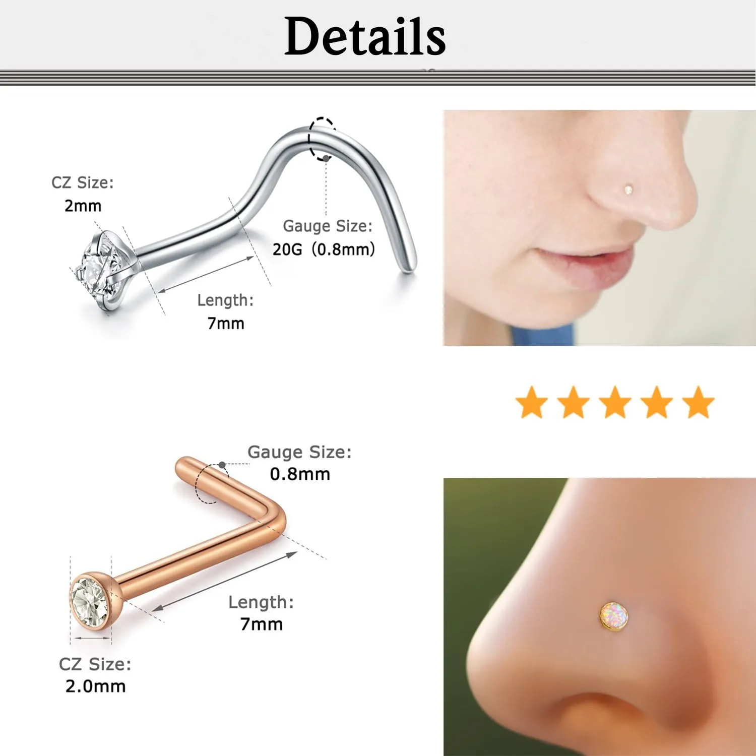 D.Bella 20G Stainless Steel Nose Rings - 20 Gauge Hoops & Studs - Flower, Heart, Diamond & L-Shaped Nostril Nose Piercing Jewelry for Women & Men
