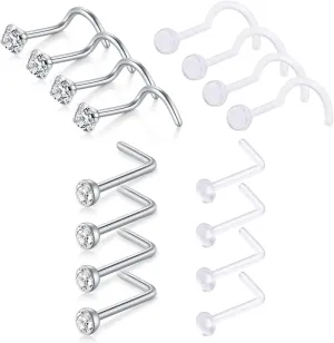 D.Bella 20G Stainless Steel Nose Rings - 20 Gauge Hoops & Studs - Flower, Heart, Diamond & L-Shaped Nostril Nose Piercing Jewelry for Women & Men