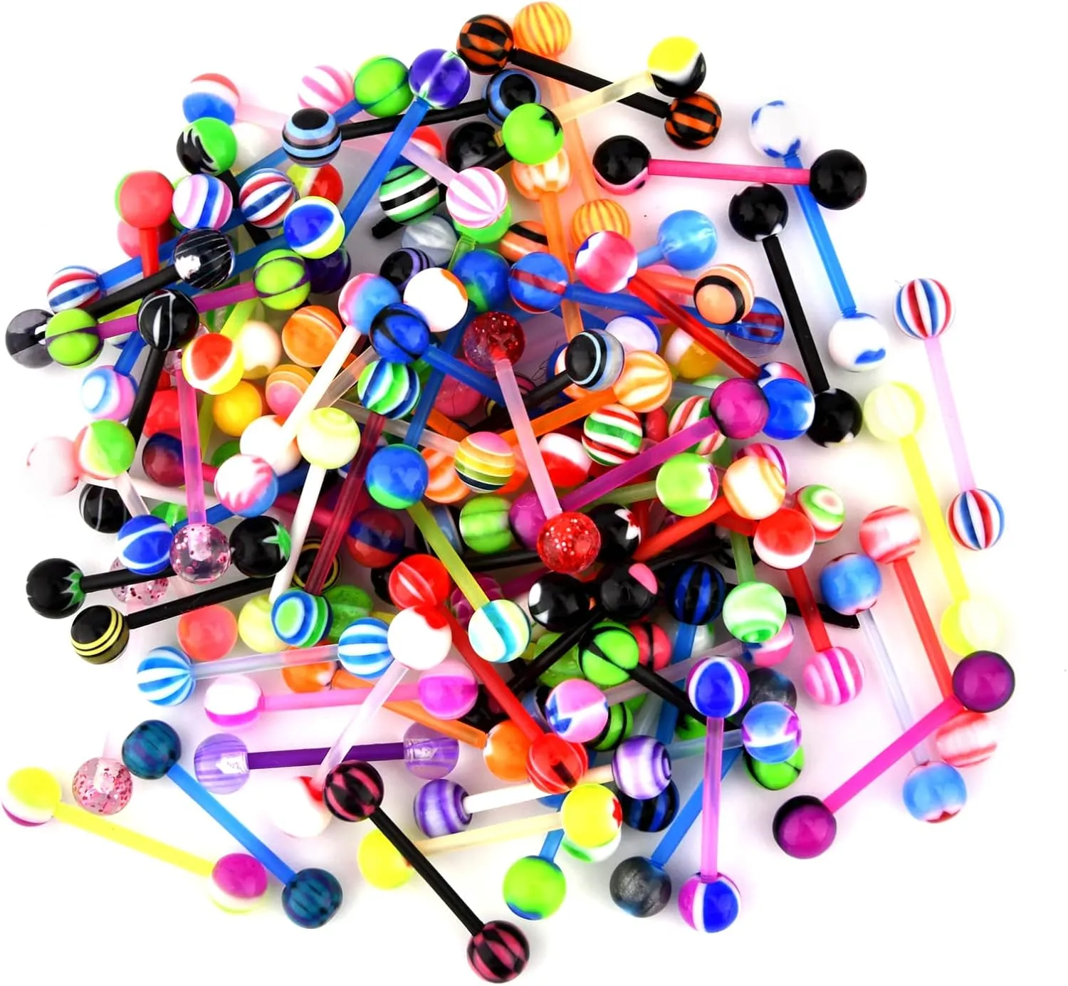 D.Bella 50pcs Multi Color Tongue & Nipple Rings - Plastic & Surgical Steel 14G 16mm Piercing Barbells