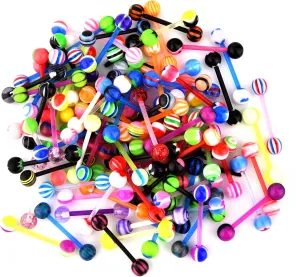 D.Bella 50pcs Multi Color Tongue & Nipple Rings - Plastic & Surgical Steel 14G 16mm Piercing Barbells