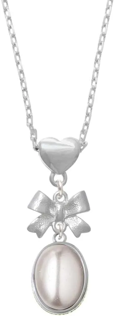 Delight Jewelry Silvertone Small Oval Cabochon Plated Bow Heart Necklace, 18 2" Extender