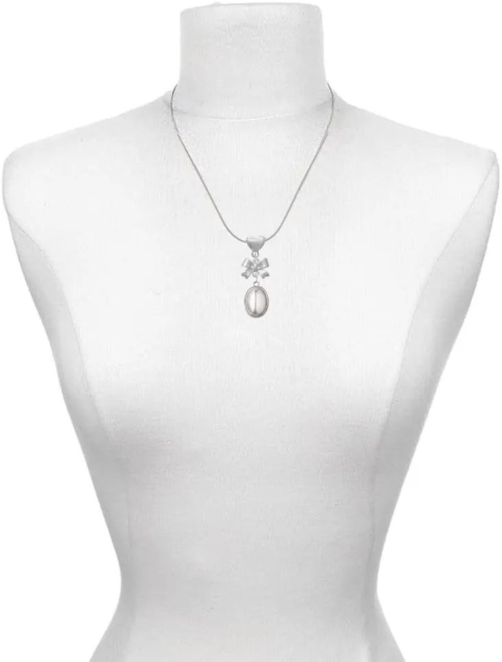 Delight Jewelry Silvertone Small Oval Cabochon Plated Bow Heart Necklace, 18 2" Extender