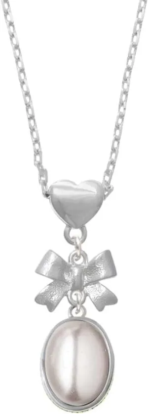 Delight Jewelry Silvertone Small Oval Cabochon Plated Bow Heart Necklace, 18 2" Extender