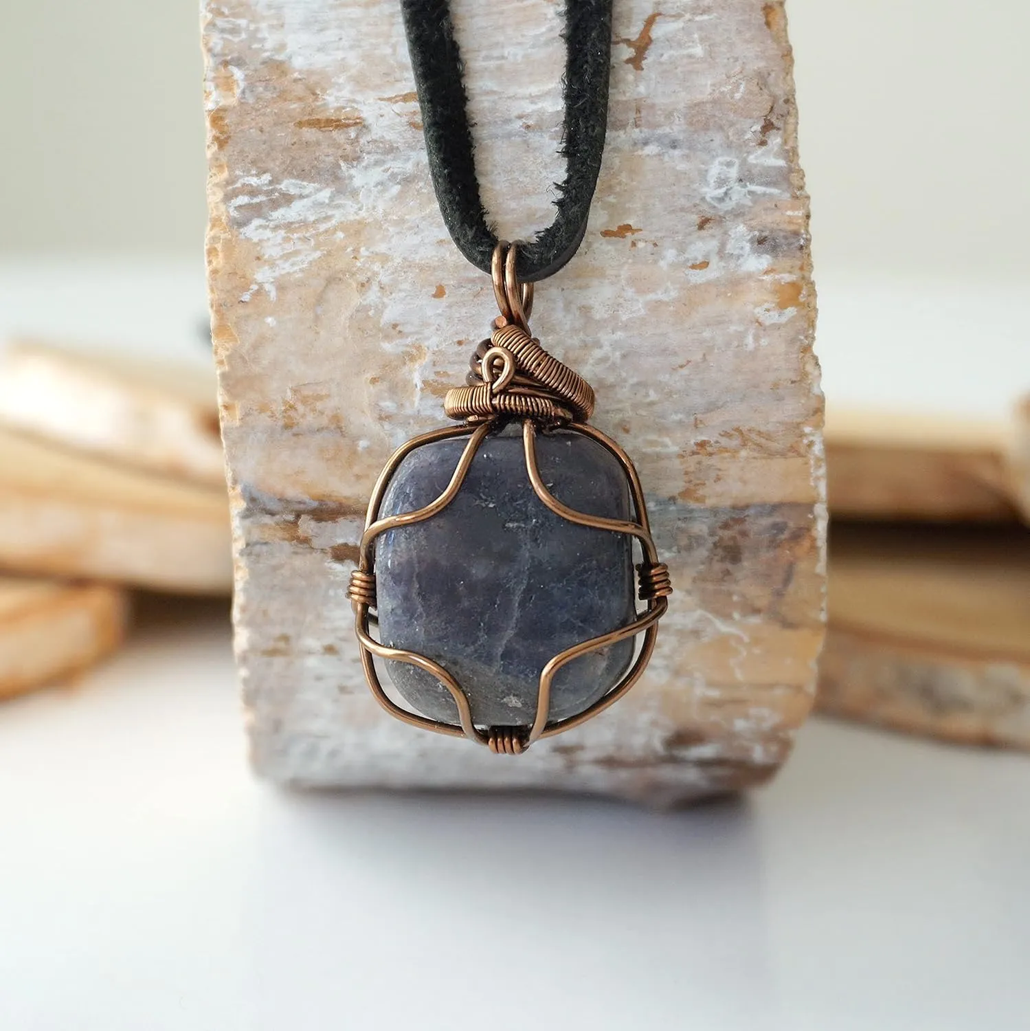 Designs by Nature Gems Handmade Sapphire Unisex Necklace, With 24 inch Black Leather Cord, September Birthstone Jewelry, Antique Bronze, Handmade in North America