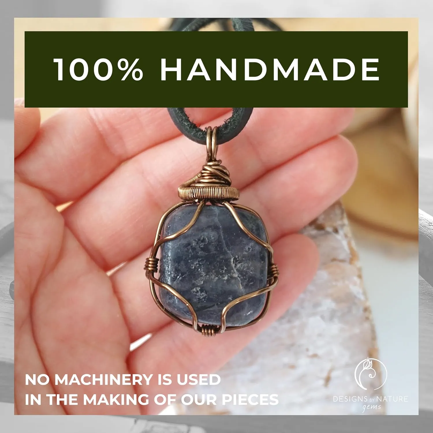 Designs by Nature Gems Handmade Sapphire Unisex Necklace, With 24 inch Black Leather Cord, September Birthstone Jewelry, Antique Bronze, Handmade in North America