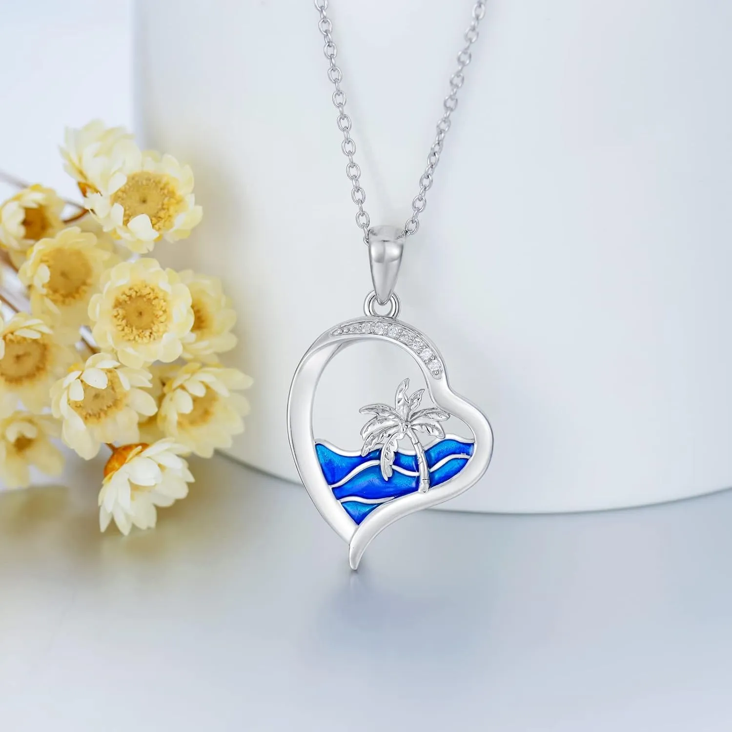 Diamond Beach Necklace 925 Sterling Silver Ocean Wave Heart Pendant Necklaces Gift for Women Mom Wife Girlfriend Daughter