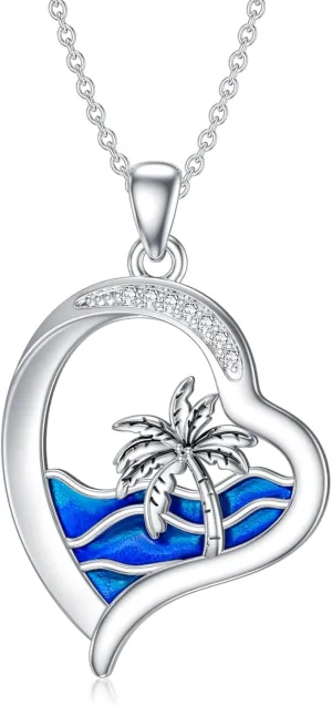 Diamond Beach Necklace 925 Sterling Silver Ocean Wave Heart Pendant Necklaces Gift for Women Mom Wife Girlfriend Daughter