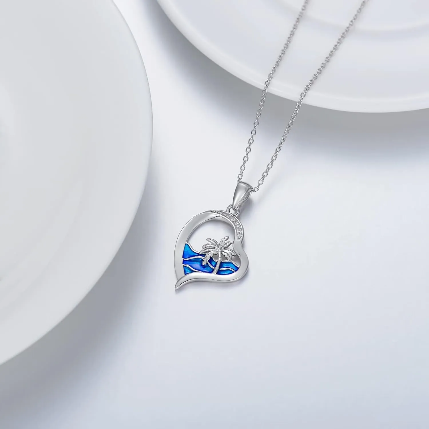 Diamond Beach Necklace 925 Sterling Silver Ocean Wave Heart Pendant Necklaces Gift for Women Mom Wife Girlfriend Daughter