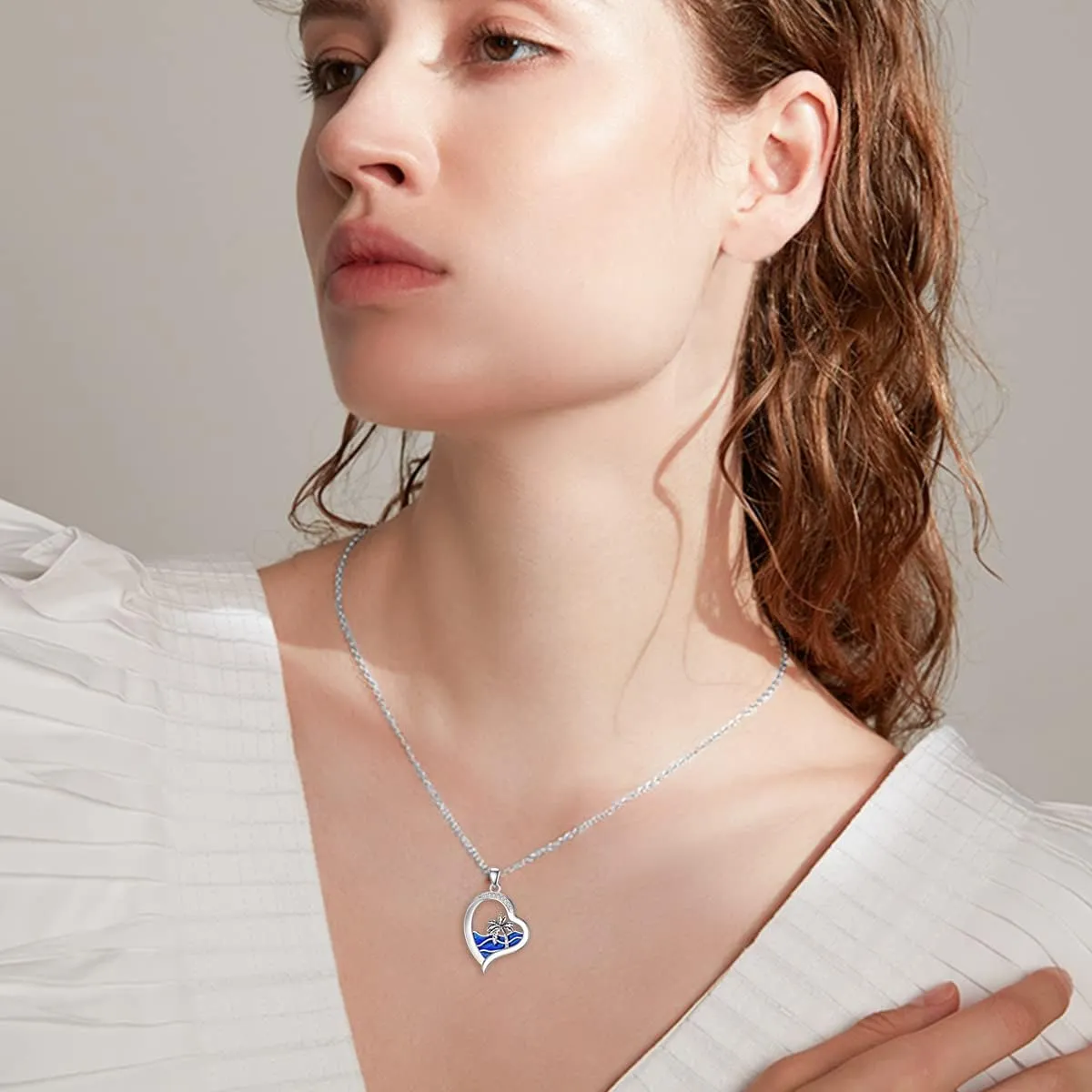 Diamond Beach Necklace 925 Sterling Silver Ocean Wave Heart Pendant Necklaces Gift for Women Mom Wife Girlfriend Daughter
