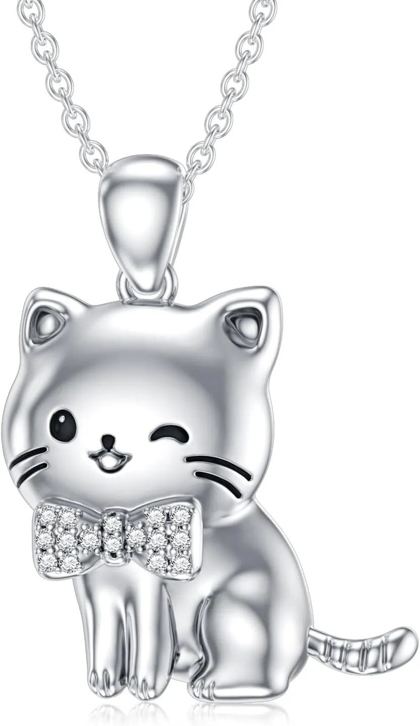 Diamond Cat Necklace for Women 925 Sterling Silver Cat Pendant Necklaces with Lab Grown Diamond Jewelry Gifts for Mom Wife Girlfriend Daughter Cat Lover