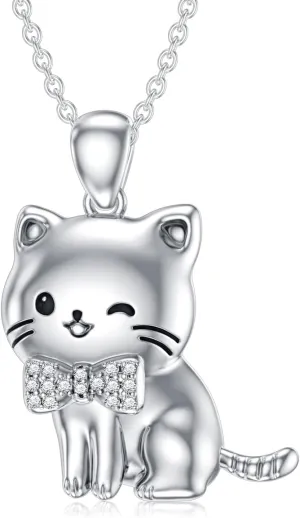 Diamond Cat Necklace for Women 925 Sterling Silver Cat Pendant Necklaces with Lab Grown Diamond Jewelry Gifts for Mom Wife Girlfriend Daughter Cat Lover