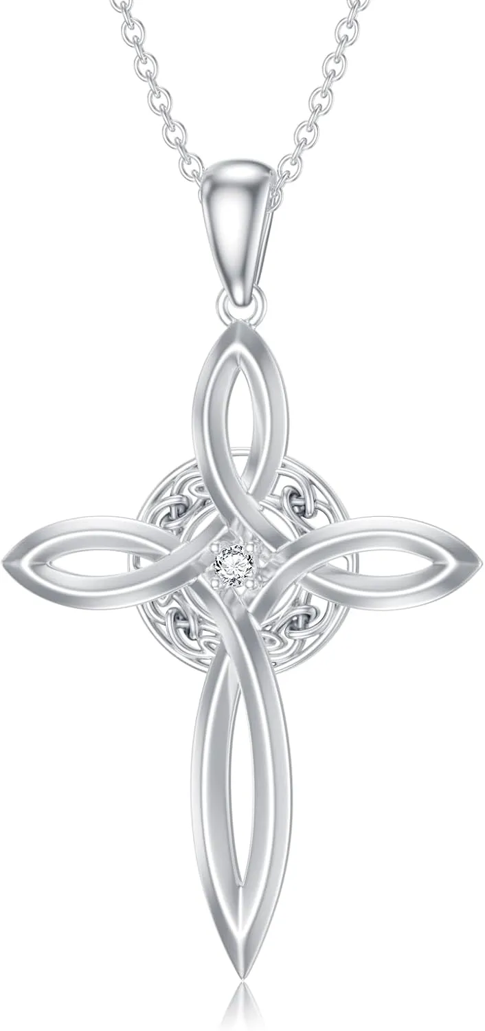 Diamond Cross Necklace for Women 925 Sterling Silver Celtic Cross Pendant Necklaces with 0.03 ct. t.w. Lab Grown Diamond Jewelry Gifts for Mom Wife Girlfriend Daughter Sister Friend