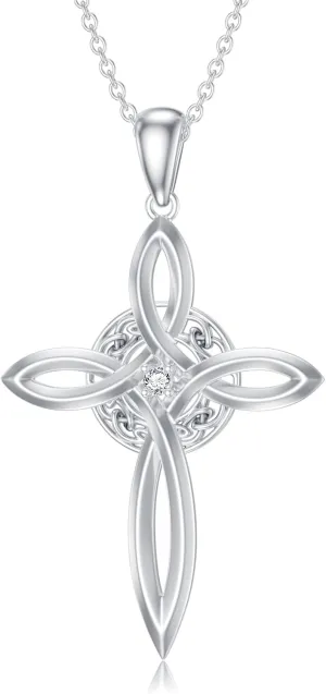 Diamond Cross Necklace for Women 925 Sterling Silver Celtic Cross Pendant Necklaces with 0.03 ct. t.w. Lab Grown Diamond Jewelry Gifts for Mom Wife Girlfriend Daughter Sister Friend
