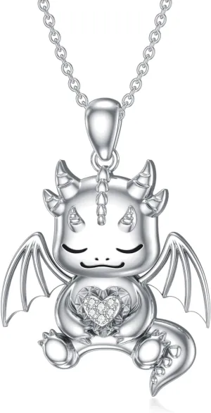 Diamond Dragon Necklace for Women 925 Sterling Silver Faerie Dragon Pendant Necklaces with Lab Grown Diamonds Jewelry Gifts for Mom Wife Girlfriend Daughter Sister Friend