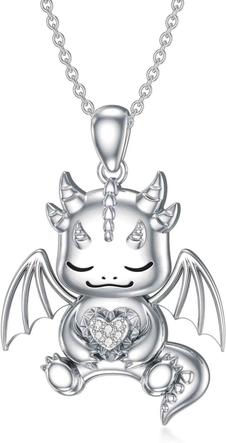 Diamond Dragon Necklace for Women 925 Sterling Silver Faerie Dragon Pendant Necklaces with Lab Grown Diamonds Jewelry Gifts for Mom Wife Girlfriend Daughter Sister Friend