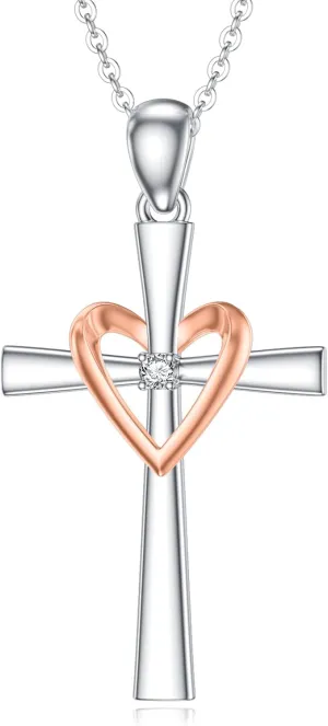 Diamond Heart Cross Necklace for Women 925 Sterling Silver Heart Cross Pendant Necklaces with Lab Grown Diamond Jewelry Gifts for Loved Ones