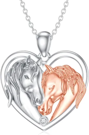 Diamond Horse Necklace for Women 925 Sterling Silver Couple Horse Heart Pendant Necklaces with Lab Grown Diamond Jewelry Gifts for Her