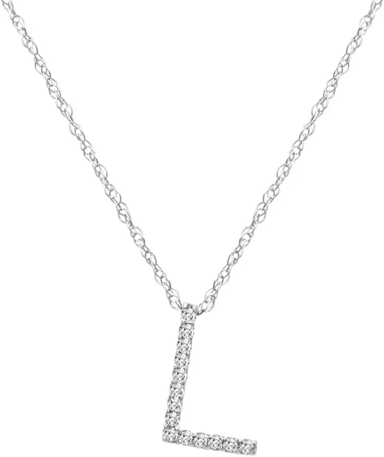 Diamond Initial Pendant Necklaces in 14K White Gold on 16 inch Chain | Real Diamond Initial Pendants in 14K Gold