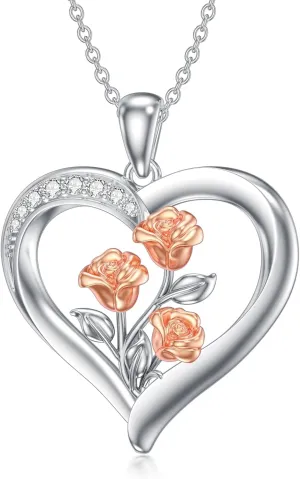 Diamond Rose Heart Necklace for Women 925 Sterling Silver Love Heart Rose Pendant Necklaces with Lab Grown Diamond Jewelry Gifts for Her