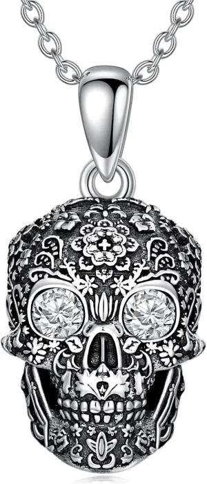 Diamond Skull Necklace for Women 925 Sterling Silver Floral Skull Pendant Necklaces with Lab Grown Diamond Jewelry Gifts