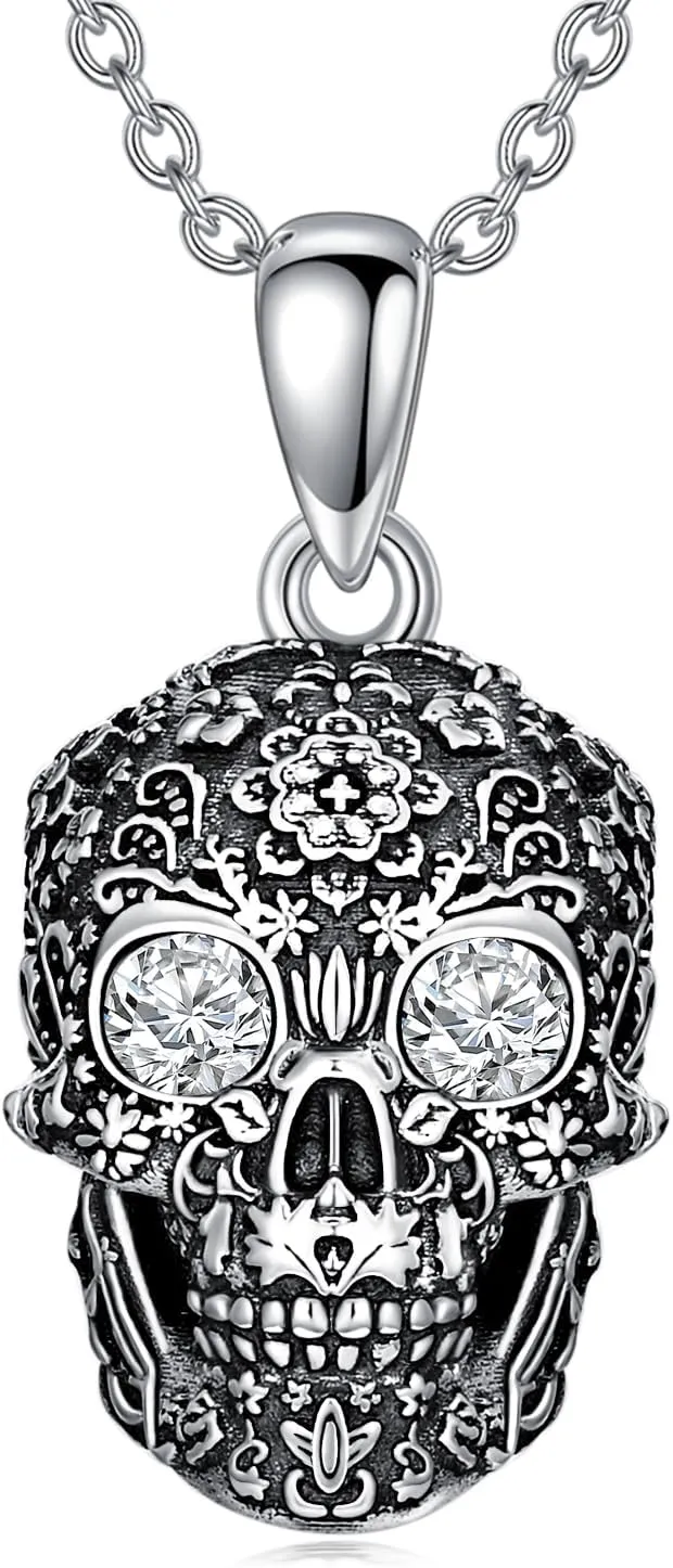 Diamond Skull Necklace for Women 925 Sterling Silver Floral Skull Pendant Necklaces with Lab Grown Diamond Jewelry Gifts