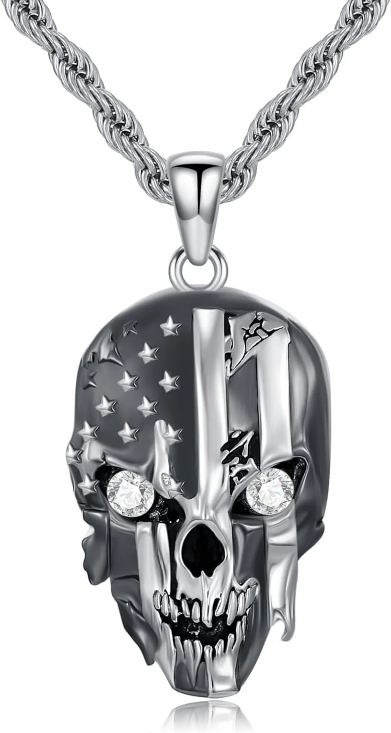 Diamond Skull Necklace for Women Men 925 Sterling Silver American Flag Skull Pendant Necklaces with Lab Grown Diamond Jewelry Gifts