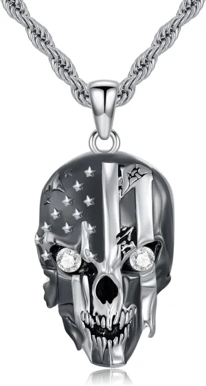 Diamond Skull Necklace for Women Men 925 Sterling Silver American Flag Skull Pendant Necklaces with Lab Grown Diamond Jewelry Gifts