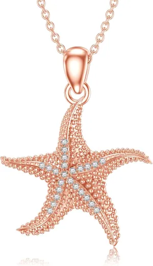 Diamond Starfish Necklace for Women 925 Sterling Silver Starfish Pendant Necklaces with Lab Grown Diamonds Jewelry Gifts