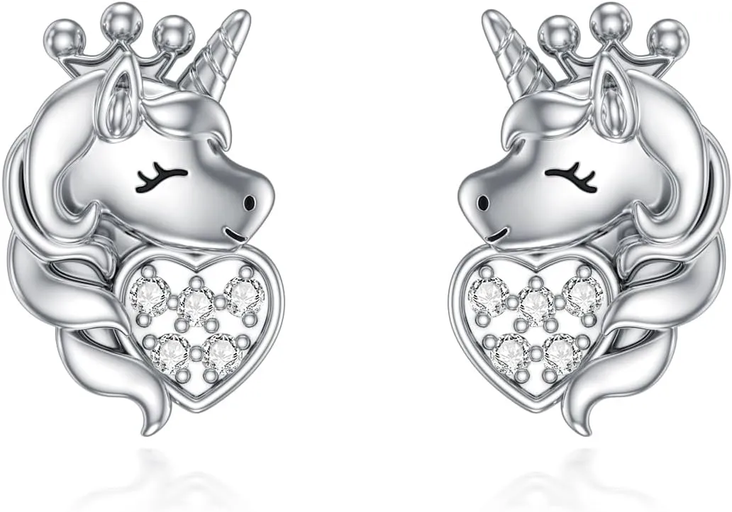 Diamond Unicorn Stud Earrings for Women Sterling Silver Unicorn Earrings Jewelry Mothers Day Valentines Christmas Birthday Gifts for Her Mom Girlfriend