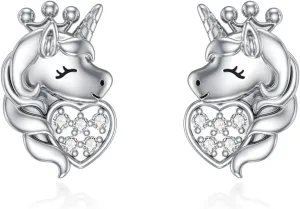 Diamond Unicorn Stud Earrings for Women Sterling Silver Unicorn Earrings Jewelry Mothers Day Valentines Christmas Birthday Gifts for Her Mom Girlfriend