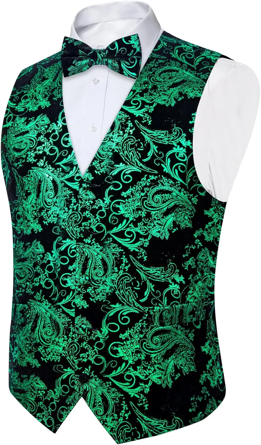 DiBanGu Mens Velvet Vest Set Classic Hot-Stamped Paisley Dress Waistcoat and Bow Tie Pocket Square Cufflinks Prom Party