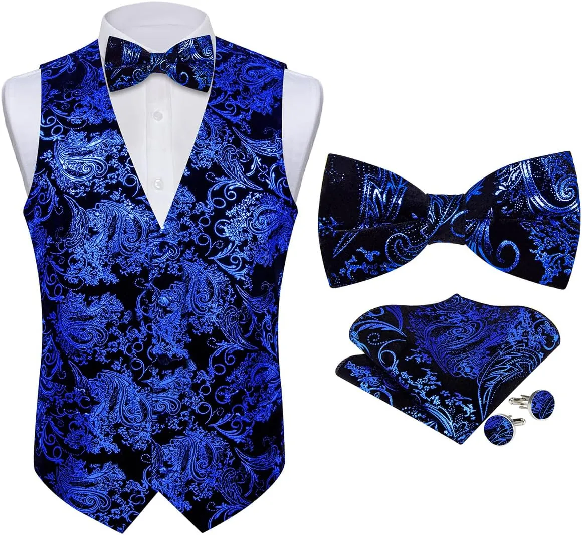 DiBanGu Mens Velvet Vest Set Classic Hot-Stamped Paisley Dress Waistcoat and Bow Tie Pocket Square Cufflinks Prom Party