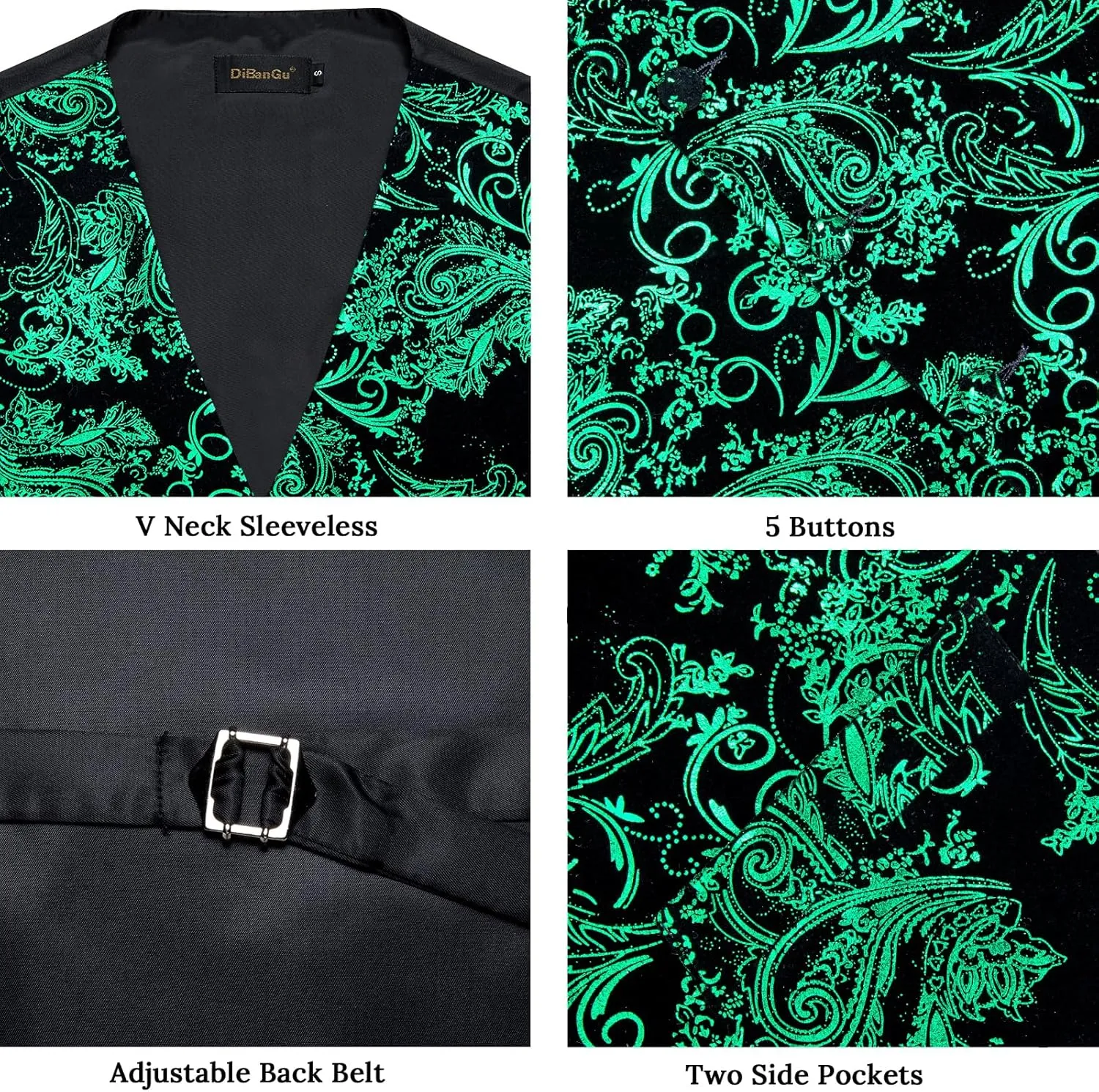 DiBanGu Mens Velvet Vest Set Classic Hot-Stamped Paisley Dress Waistcoat and Bow Tie Pocket Square Cufflinks Prom Party