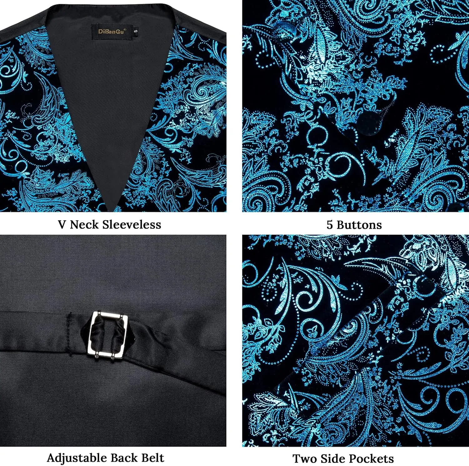 DiBanGu Mens Velvet Vest Set Classic Hot-Stamped Paisley Dress Waistcoat and Bow Tie Pocket Square Cufflinks Prom Party
