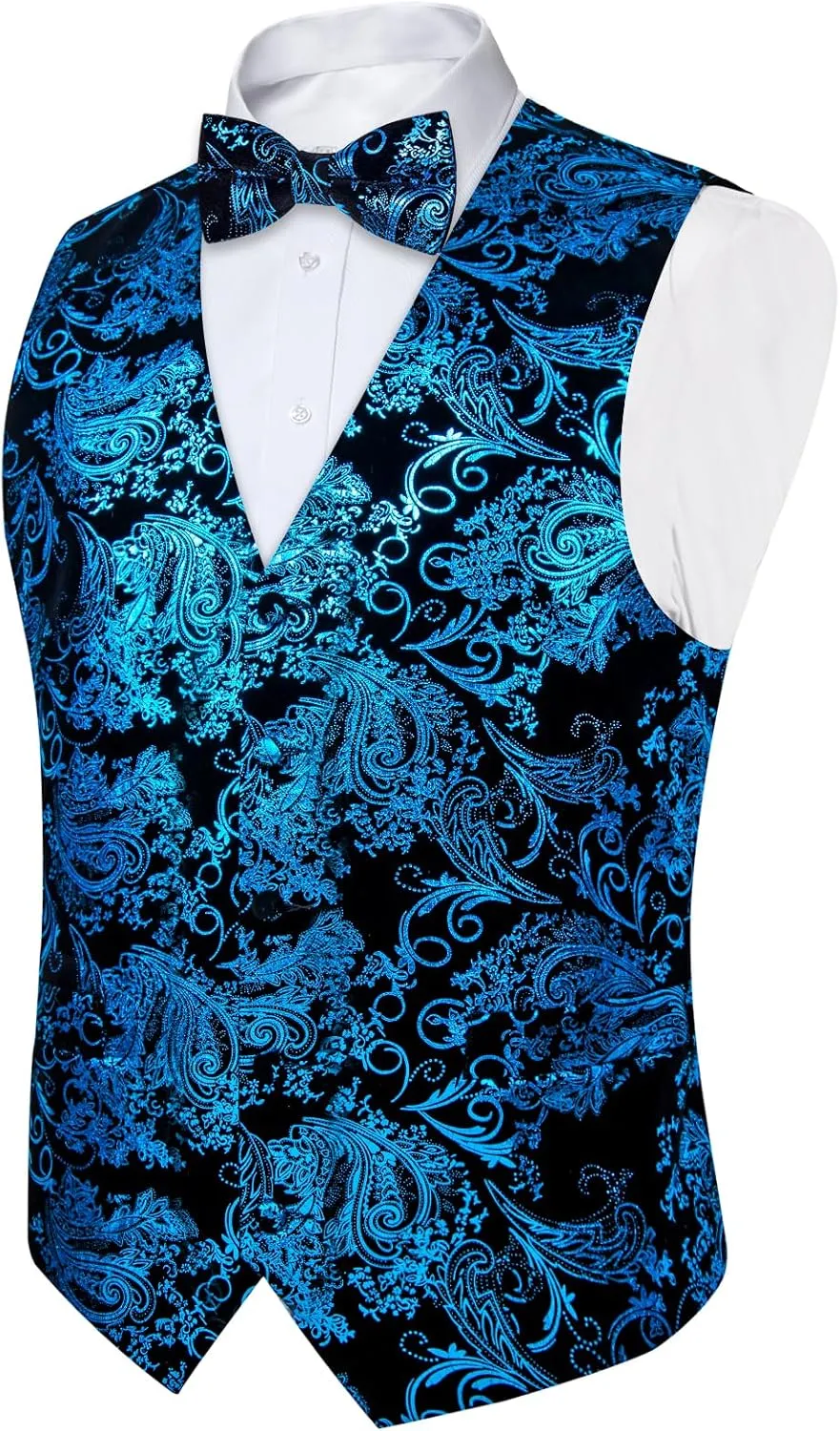 DiBanGu Mens Velvet Vest Set Classic Hot-Stamped Paisley Dress Waistcoat and Bow Tie Pocket Square Cufflinks Prom Party