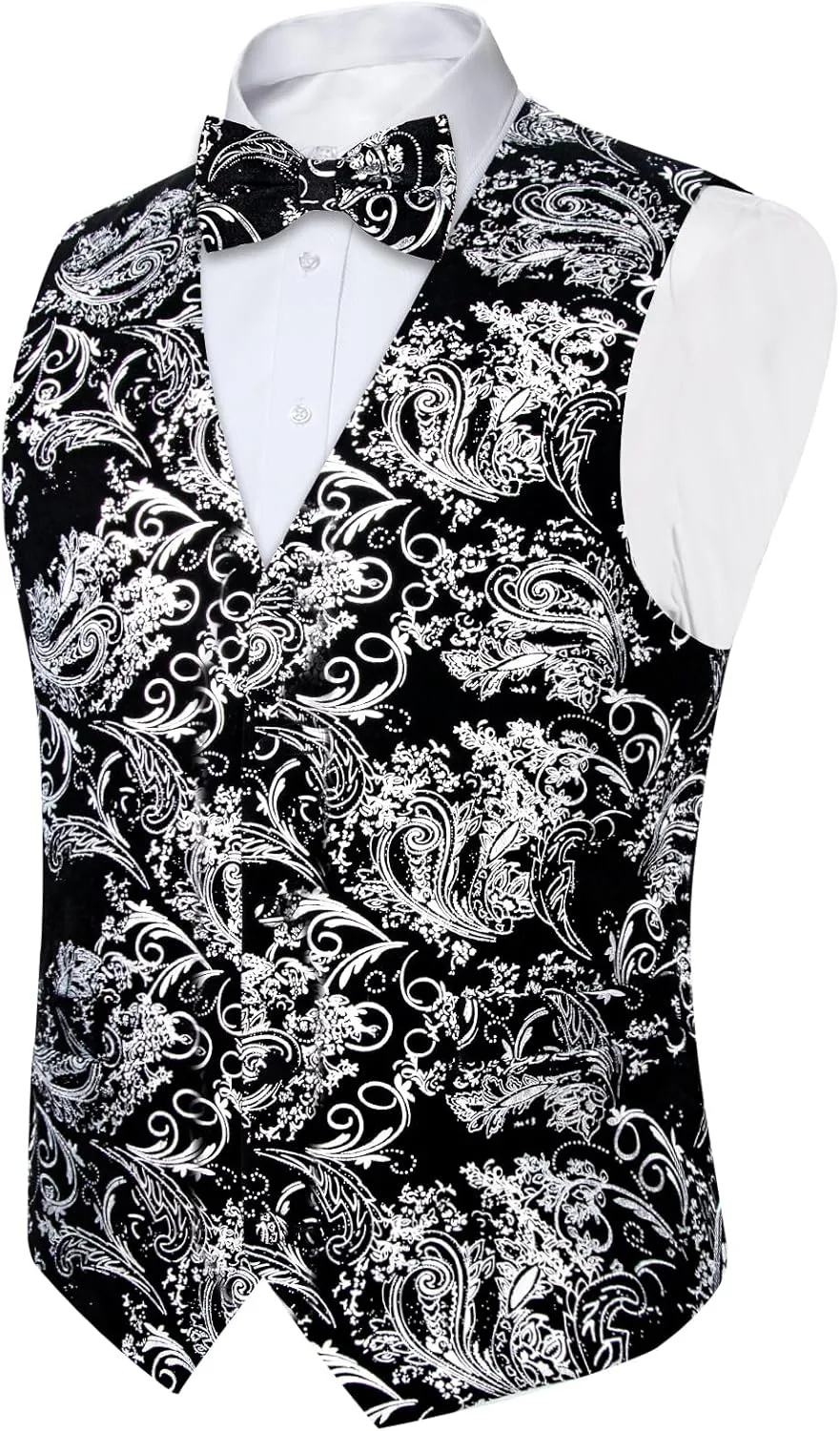 DiBanGu Mens Velvet Vest Set Classic Hot-Stamped Paisley Dress Waistcoat and Bow Tie Pocket Square Cufflinks Prom Party