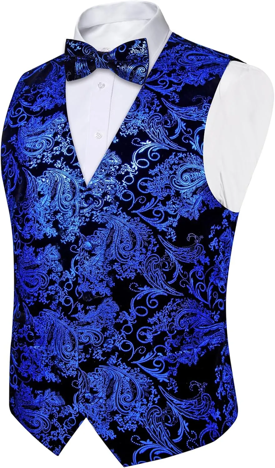 DiBanGu Mens Velvet Vest Set Classic Hot-Stamped Paisley Dress Waistcoat and Bow Tie Pocket Square Cufflinks Prom Party