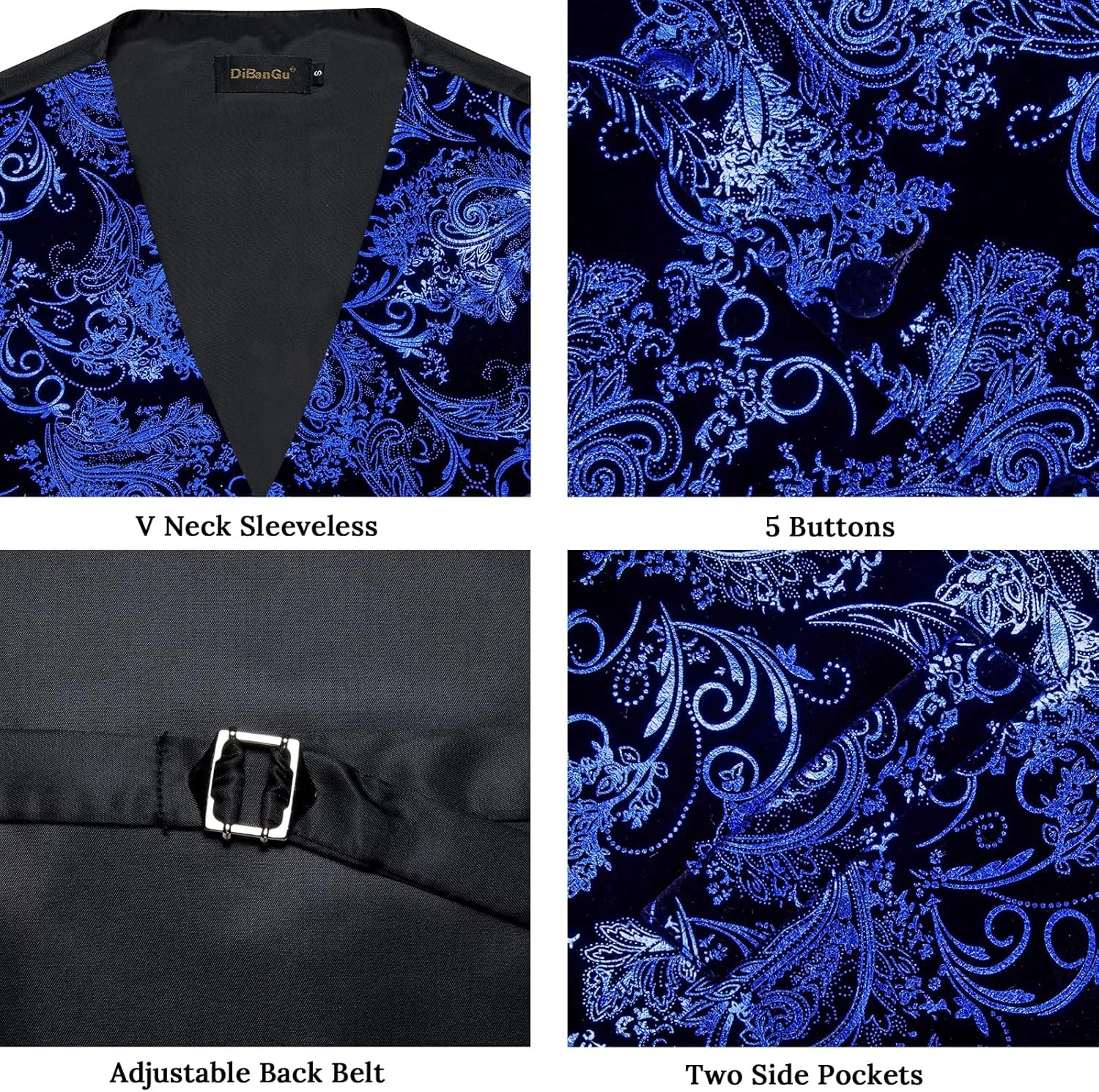 DiBanGu Mens Velvet Vest Set Classic Hot-Stamped Paisley Dress Waistcoat and Bow Tie Pocket Square Cufflinks Prom Party