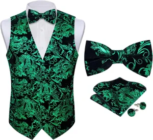 DiBanGu Mens Velvet Vest Set Classic Hot-Stamped Paisley Dress Waistcoat and Bow Tie Pocket Square Cufflinks Prom Party