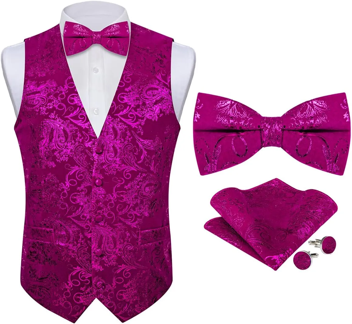 DiBanGu Mens Velvet Vest Set Classic Hot-Stamped Paisley Dress Waistcoat and Bow Tie Pocket Square Cufflinks Prom Party