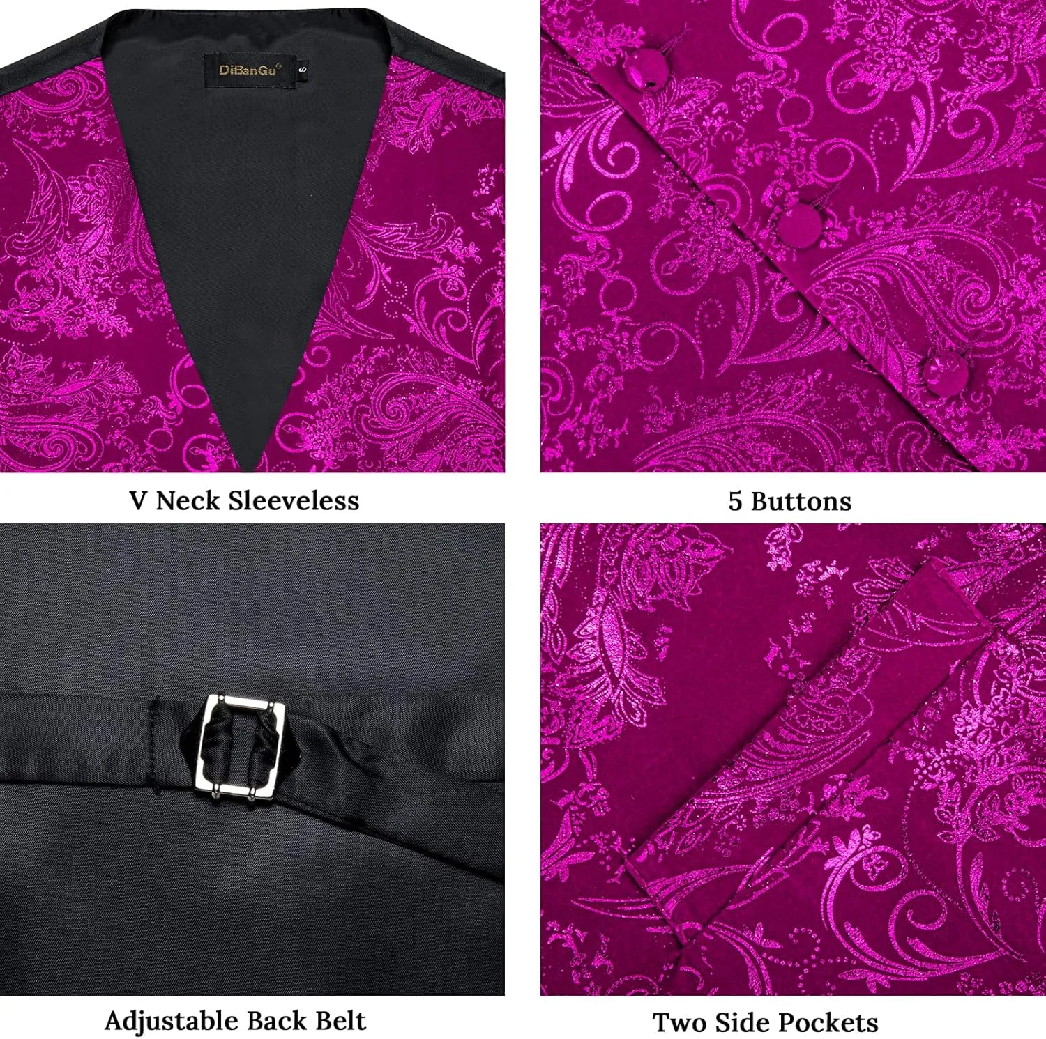 DiBanGu Mens Velvet Vest Set Classic Hot-Stamped Paisley Dress Waistcoat and Bow Tie Pocket Square Cufflinks Prom Party