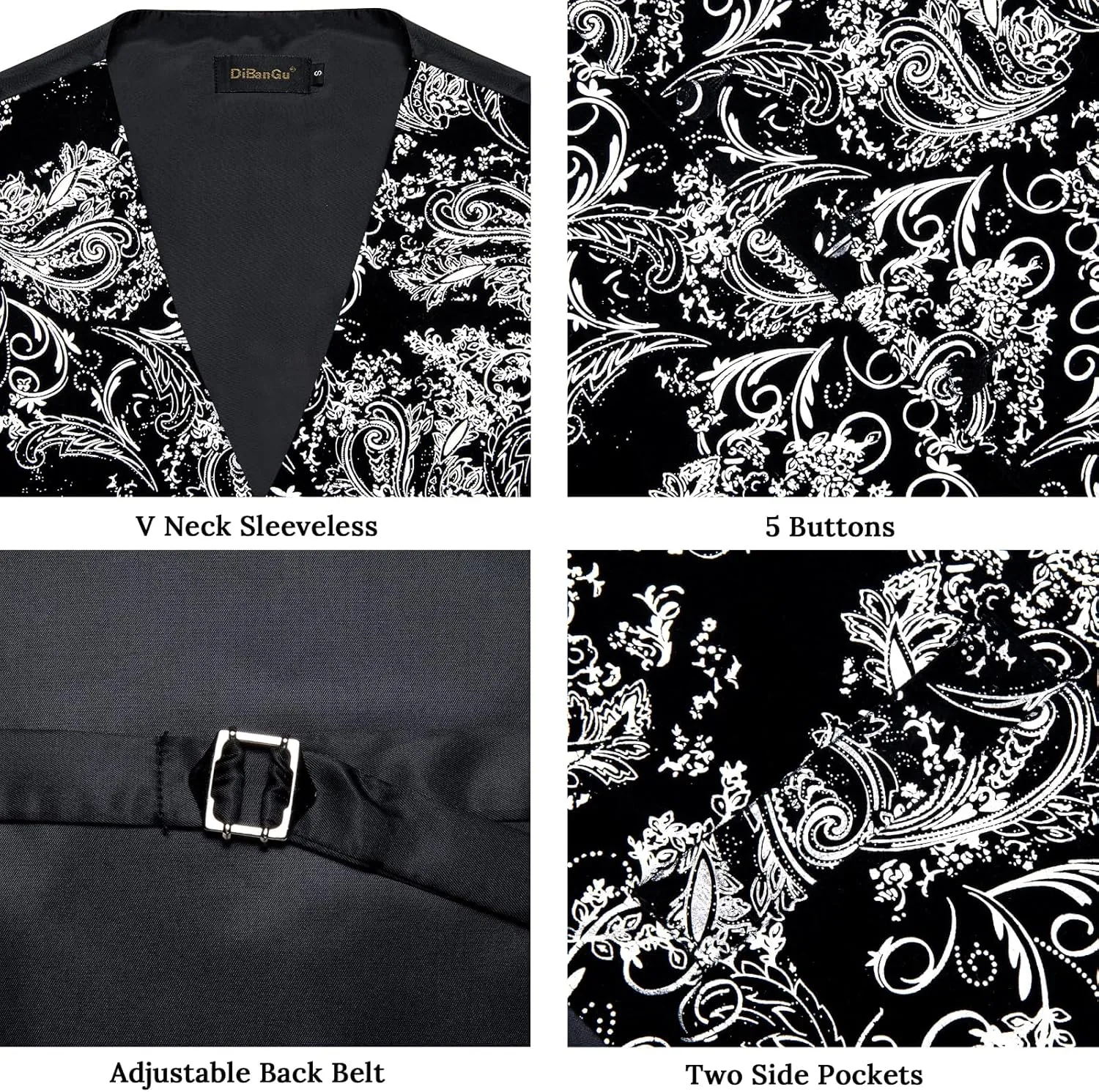 DiBanGu Mens Velvet Vest Set Classic Hot-Stamped Paisley Dress Waistcoat and Bow Tie Pocket Square Cufflinks Prom Party