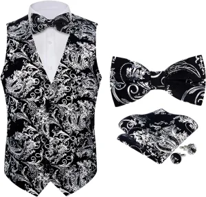 DiBanGu Mens Velvet Vest Set Classic Hot-Stamped Paisley Dress Waistcoat and Bow Tie Pocket Square Cufflinks Prom Party