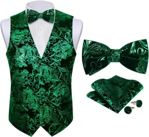 DiBanGu Mens Velvet Vest Set Classic Hot-Stamped Paisley Dress Waistcoat and Bow Tie Pocket Square Cufflinks Prom Party