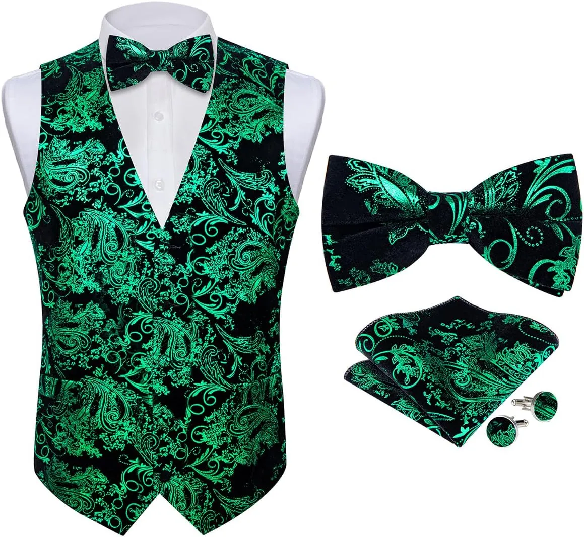 DiBanGu Mens Velvet Vest Set Classic Hot-Stamped Paisley Dress Waistcoat and Bow Tie Pocket Square Cufflinks Prom Party