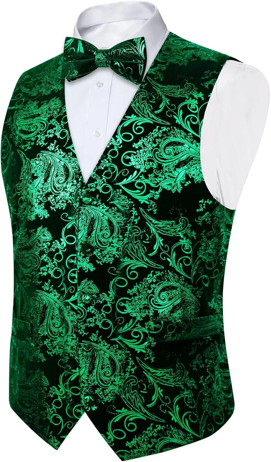 DiBanGu Mens Velvet Vest Set Classic Hot-Stamped Paisley Dress Waistcoat and Bow Tie Pocket Square Cufflinks Prom Party