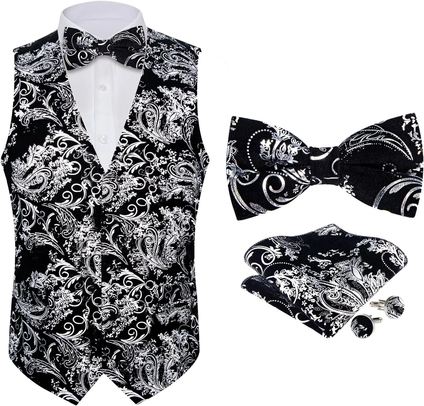 DiBanGu Mens Velvet Vest Set Classic Hot-Stamped Paisley Dress Waistcoat and Bow Tie Pocket Square Cufflinks Prom Party