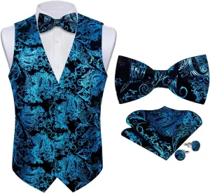DiBanGu Mens Velvet Vest Set Classic Hot-Stamped Paisley Dress Waistcoat and Bow Tie Pocket Square Cufflinks Prom Party