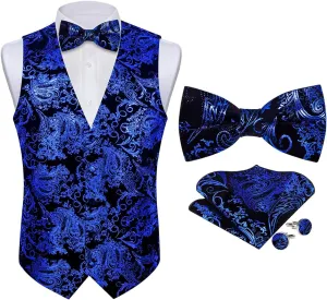 DiBanGu Mens Velvet Vest Set Classic Hot-Stamped Paisley Dress Waistcoat and Bow Tie Pocket Square Cufflinks Prom Party