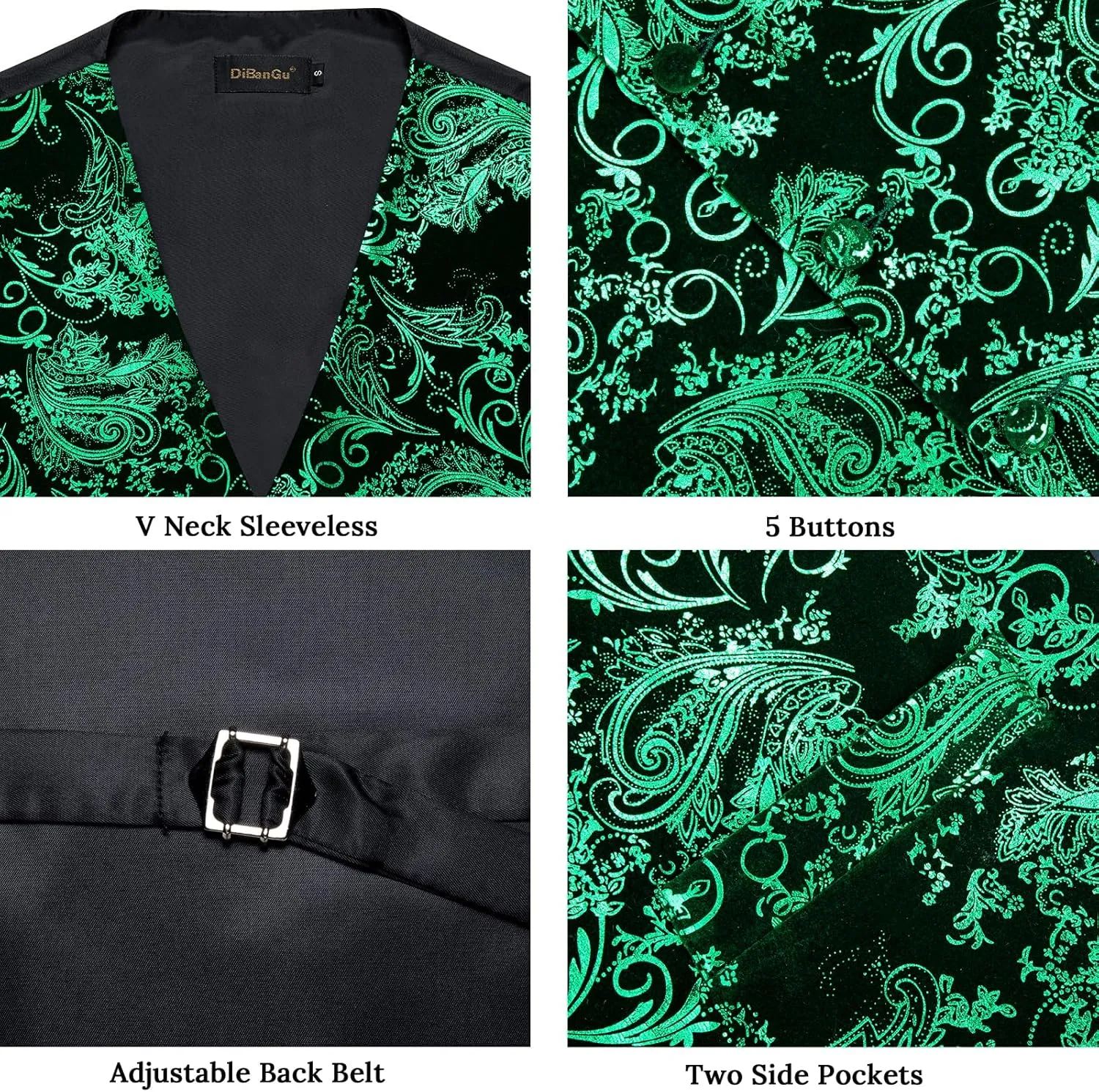 DiBanGu Mens Velvet Vest Set Classic Hot-Stamped Paisley Dress Waistcoat and Bow Tie Pocket Square Cufflinks Prom Party